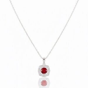 Red Moissanite Hexagon Halo Pendant Necklace (.925 Sterling Silver, 7mm Stone)